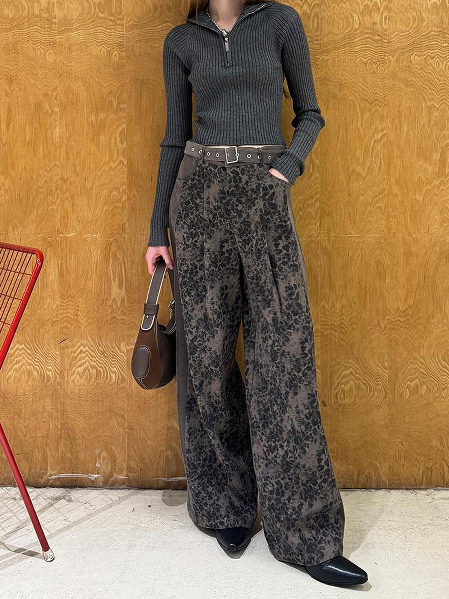 DIDDI MODA Colorblock Leopard Print Wide Leg Pants