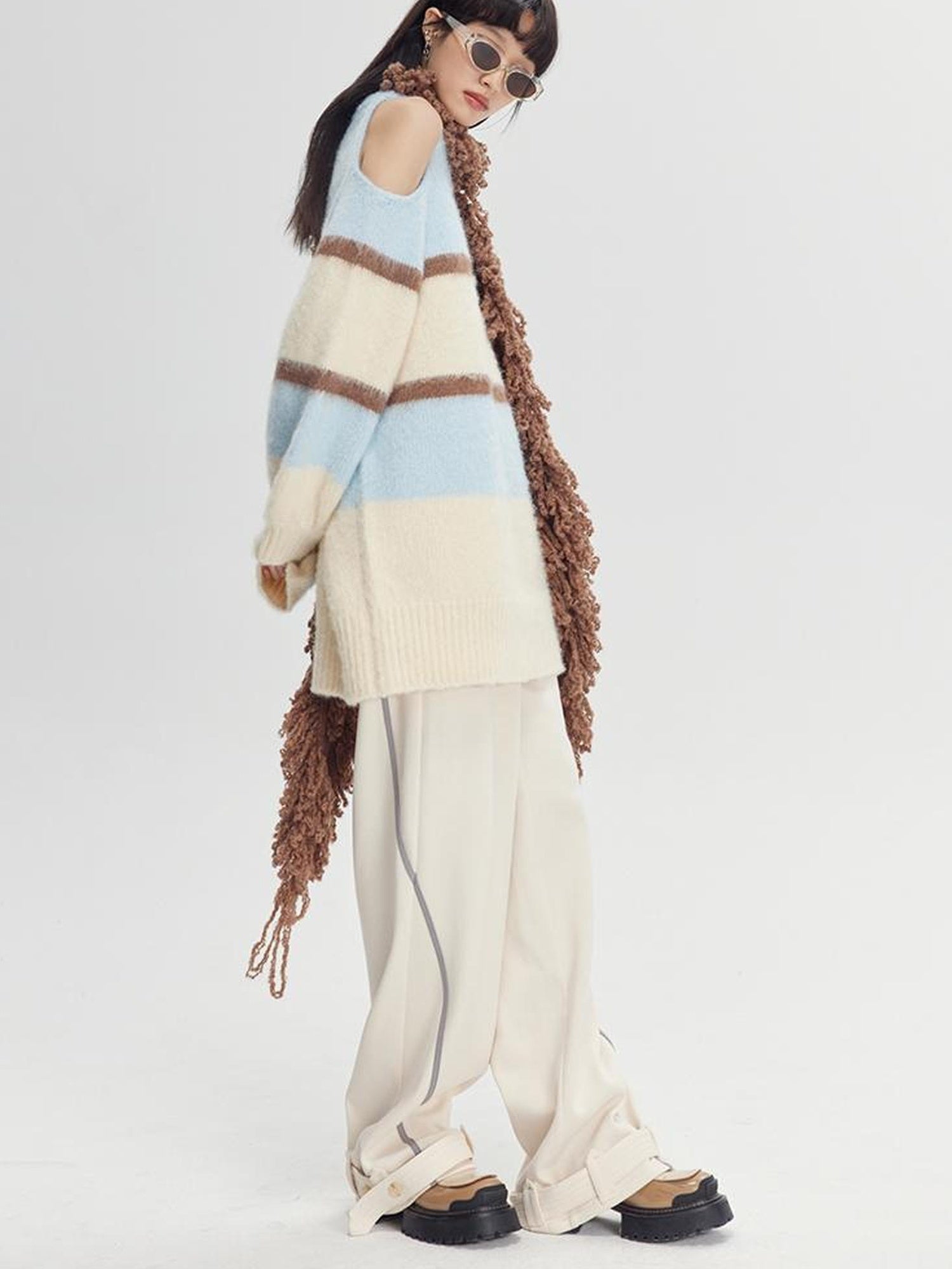 DIDDI MODA Colorblock Relaxed Jogger Pants With Adjustable Hem High Waist