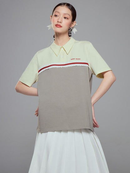 DIDDI MODA Colorblock Ribbed Polo Tee With Letter Print