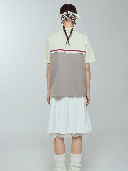 DIDDI MODA Colorblock Ribbed Polo Tee With Letter Print
