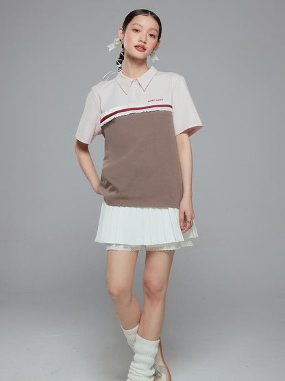 DIDDI MODA Colorblock Ribbed Polo Tee With Letter Print