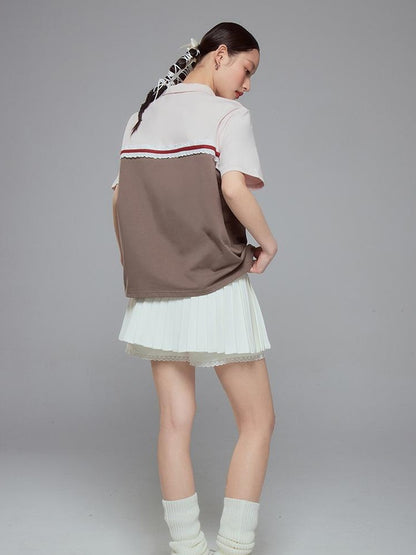 DIDDI MODA Colorblock Ribbed Polo Tee With Letter Print