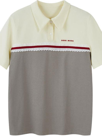 DIDDI MODA Colorblock Ribbed Polo Tee With Letter Print