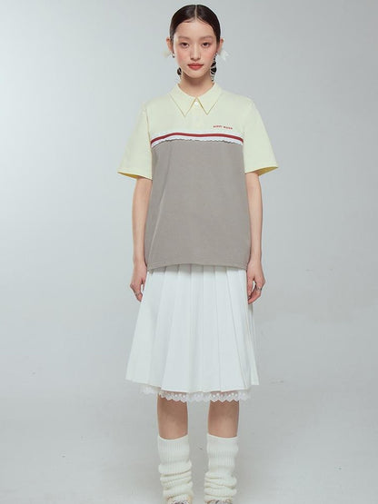 DIDDI MODA Colorblock Ribbed Polo Tee With Letter Print