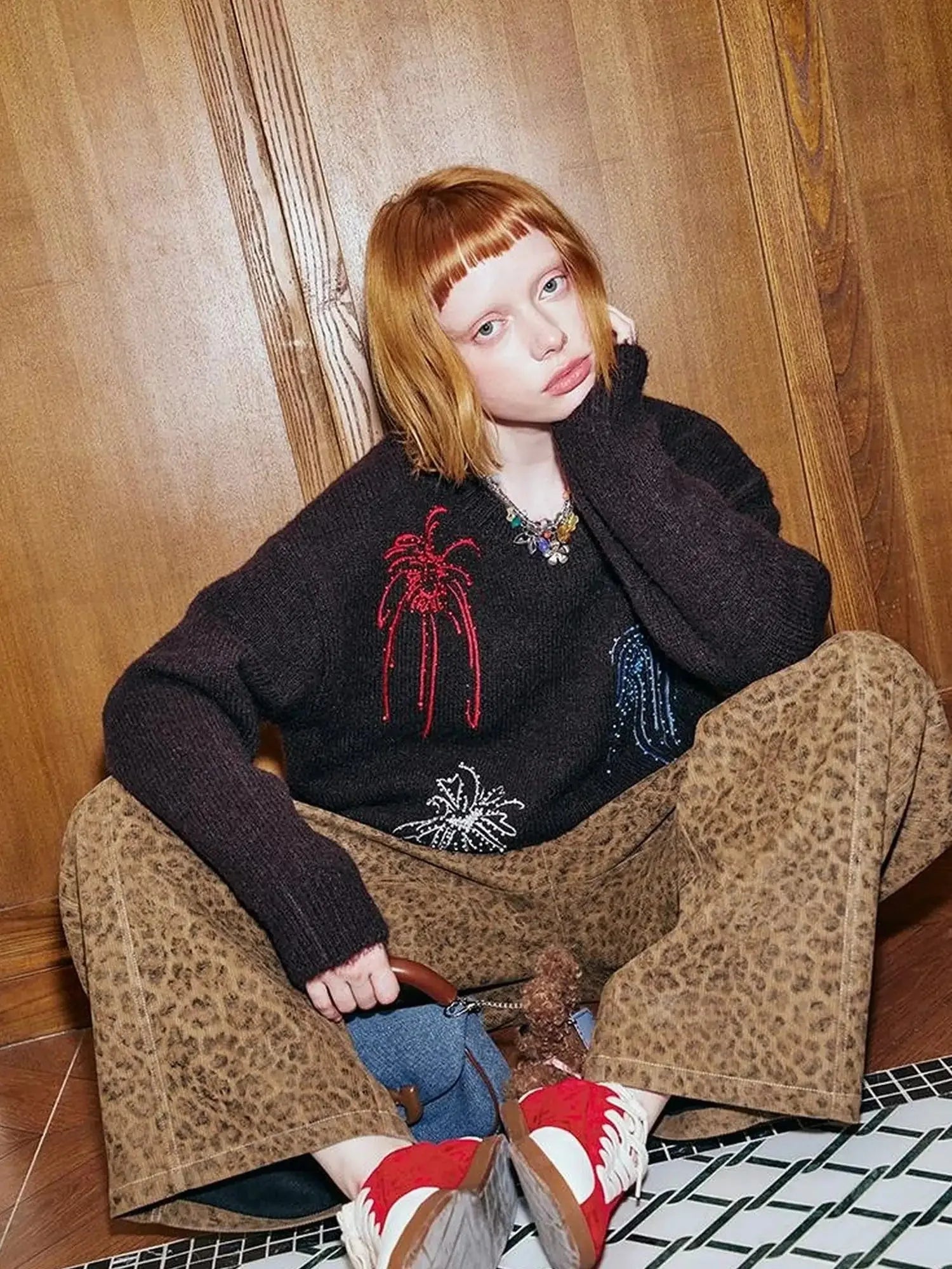 Colorful Beaded Firework Embroidered Oversized Knit Sweater