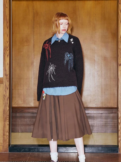 Colorful Beaded Firework Embroidered Oversized Knit Sweater