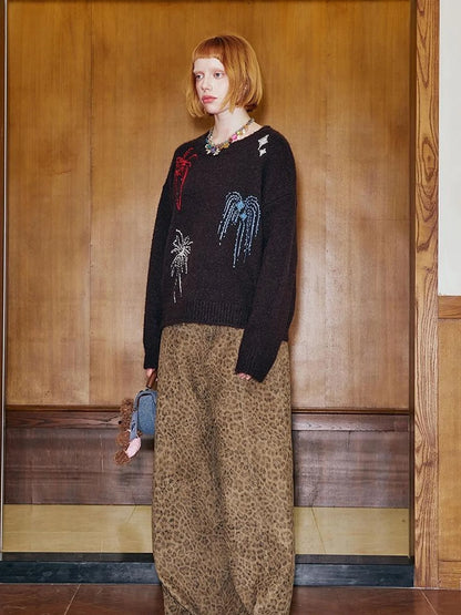 Colorful Beaded Firework Embroidered Oversized Knit Sweater