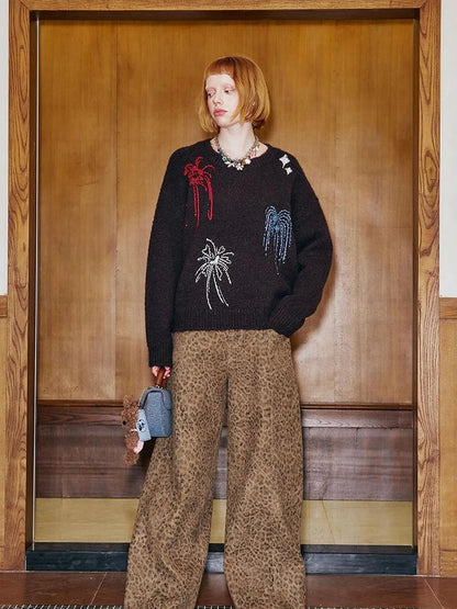 Colorful Beaded Firework Embroidered Oversized Knit Sweater