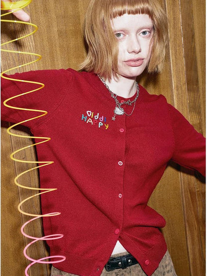 Colorful Beaded Letter Knit Cardigan