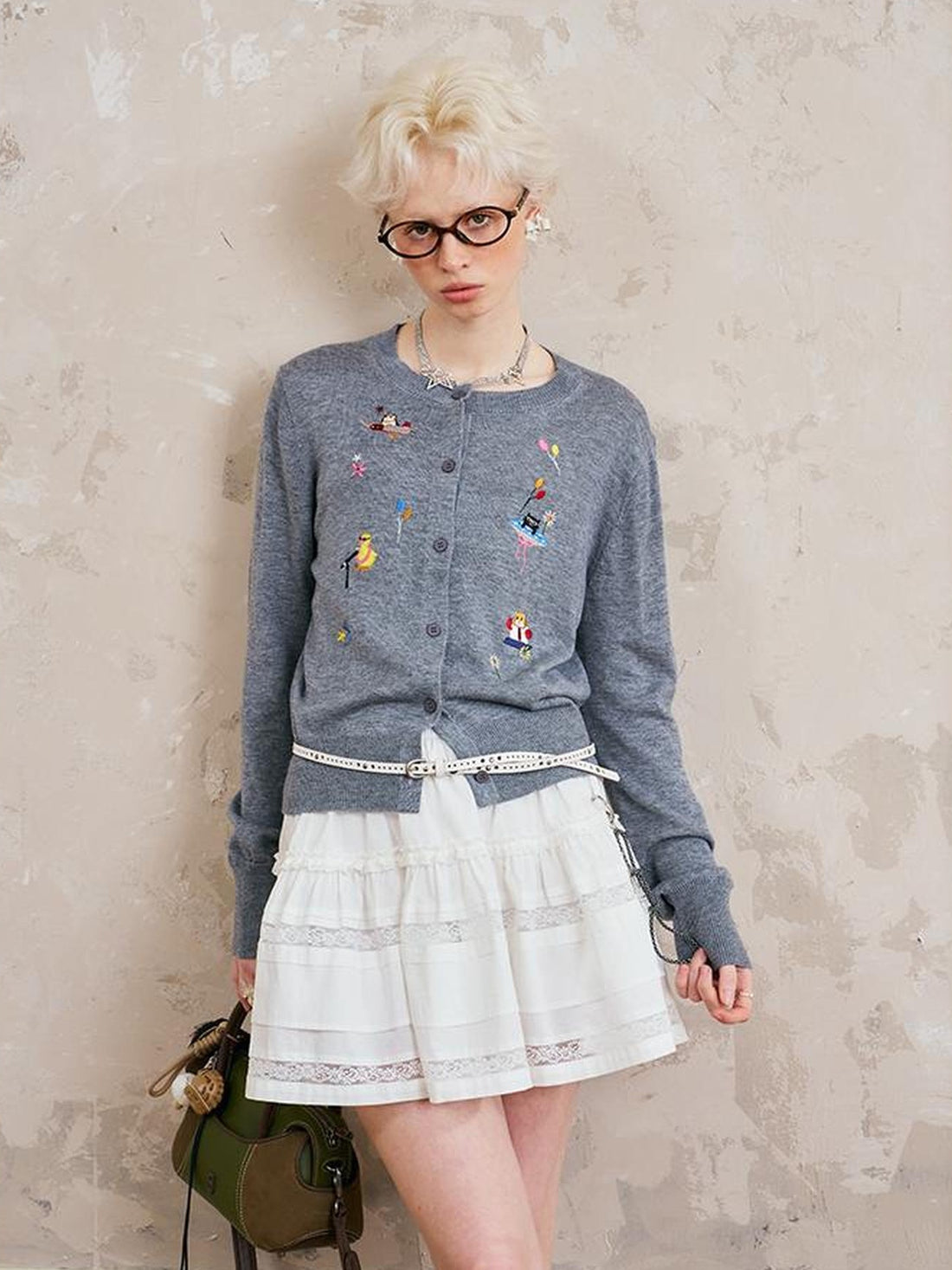 DIDDI MODA Colorful Cartoon Embroidered Round Neck Knit Cardigan
