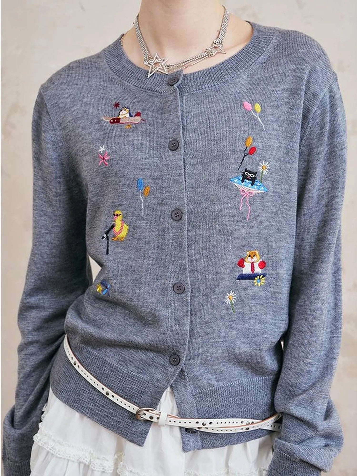 Colorful Cartoon Embroidered Round Neck Knit Cardigan