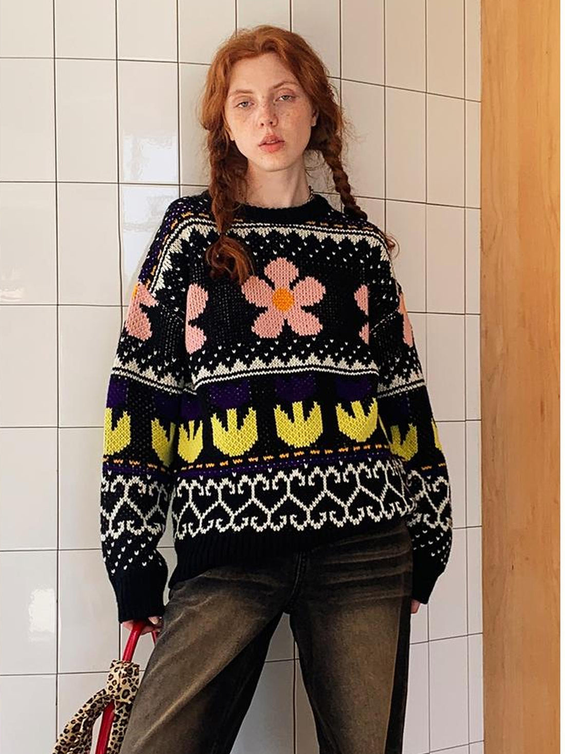 DIDDI MODA Colorful Floral Jacquard Slim Sweater