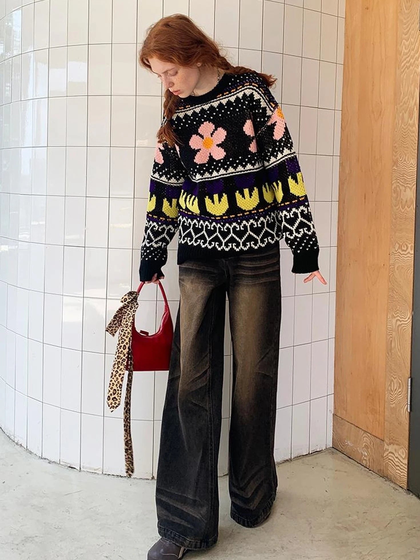 Colorful Floral Jacquard Slim Sweater