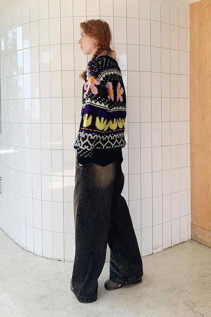 DIDDI MODA Colorful Floral Jacquard Slim Sweater