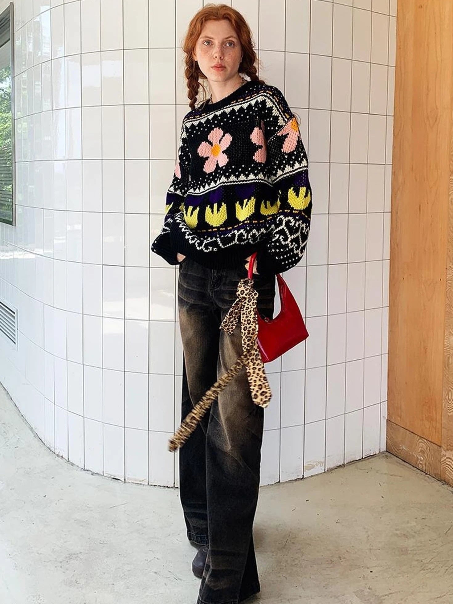 Colorful Floral Jacquard Slim Sweater