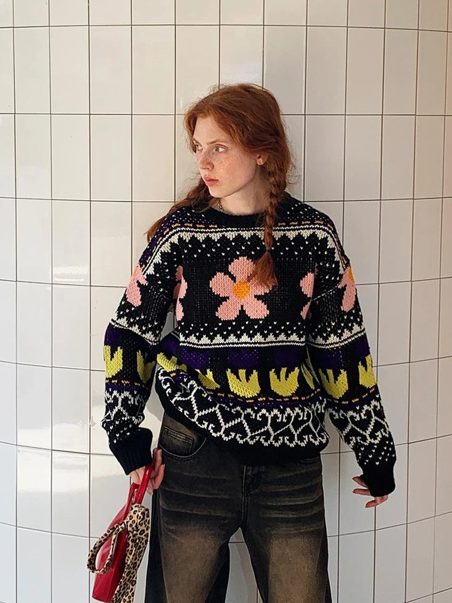 Colorful Floral Jacquard Slim Sweater