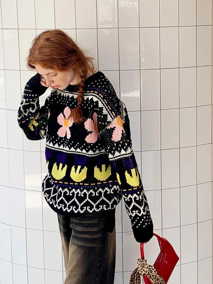 Colorful Floral Jacquard Slim Sweater