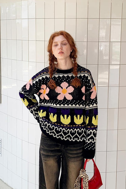 DIDDI MODA Colorful Floral Jacquard Slim Sweater
