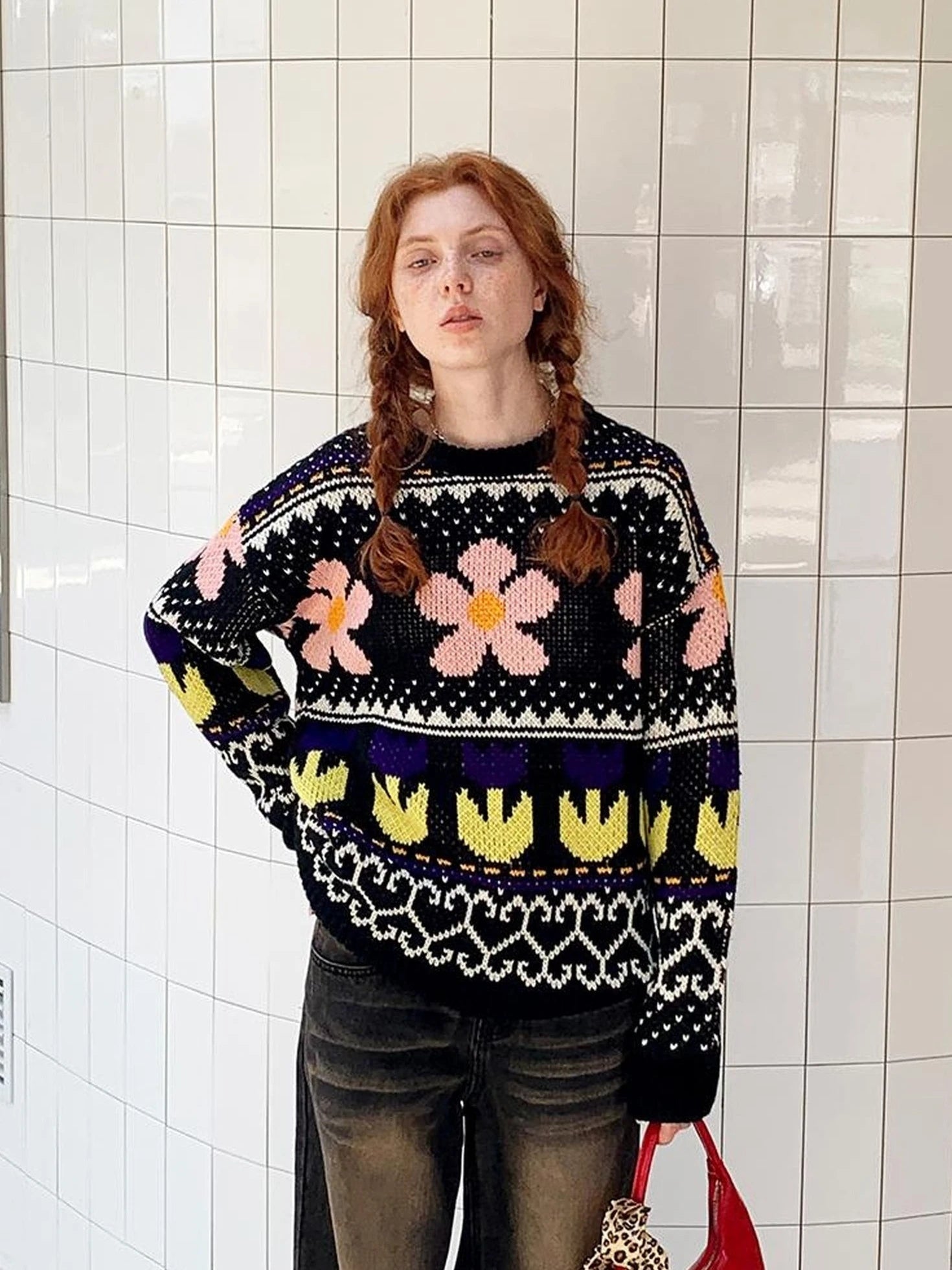 Colorful Floral Jacquard Slim Sweater