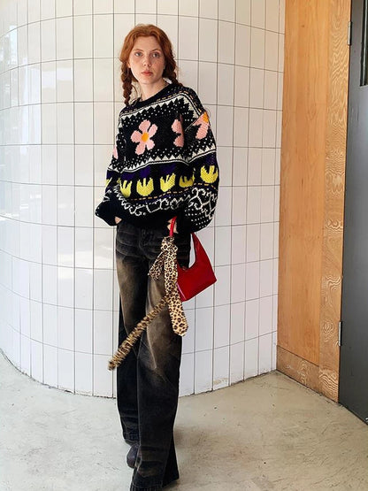 Colorful Floral Jacquard Slim Sweater