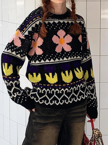 Colorful Floral Jacquard Slim Sweater