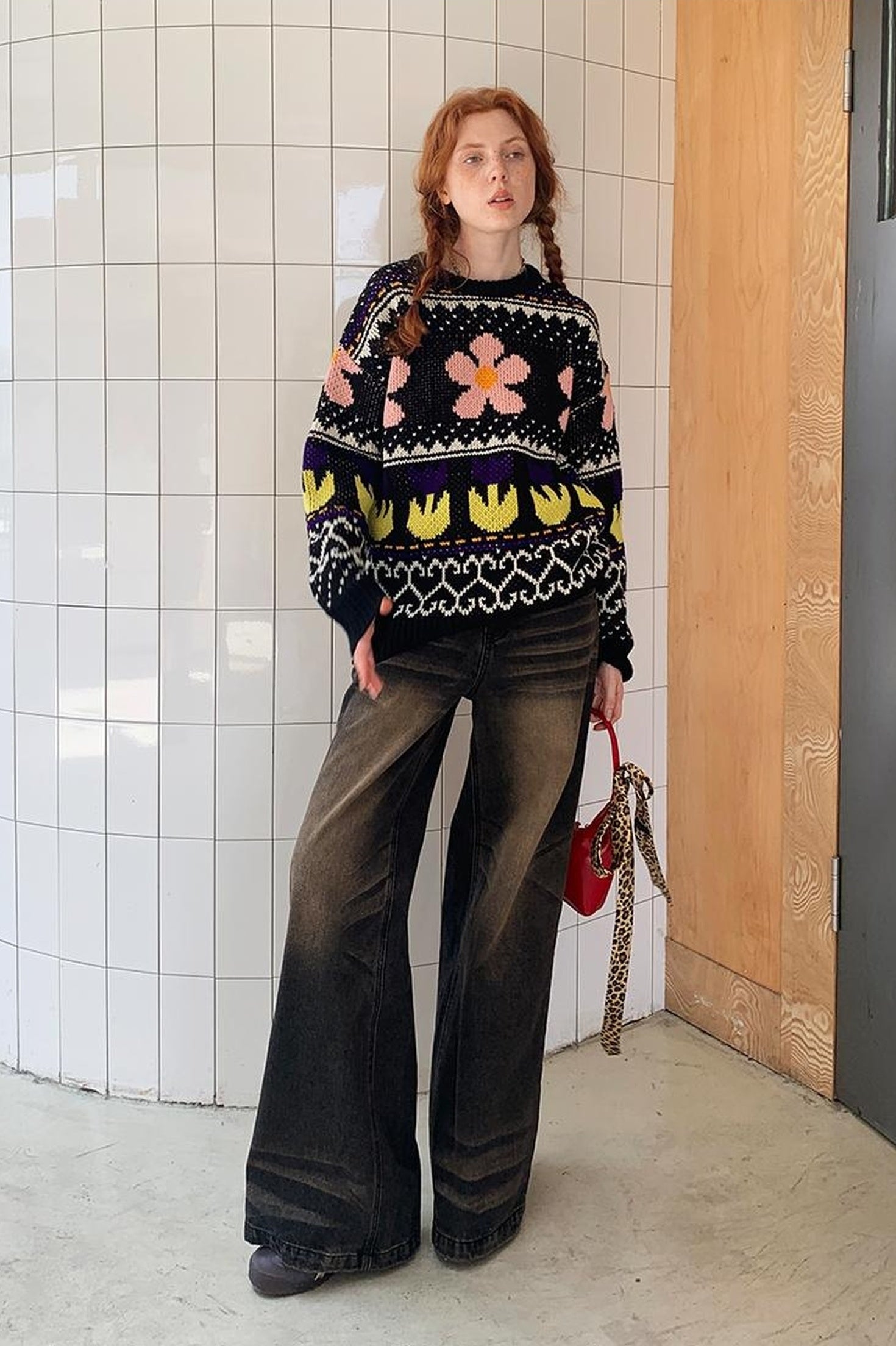 DIDDI MODA Colorful Floral Jacquard Slim Sweater
