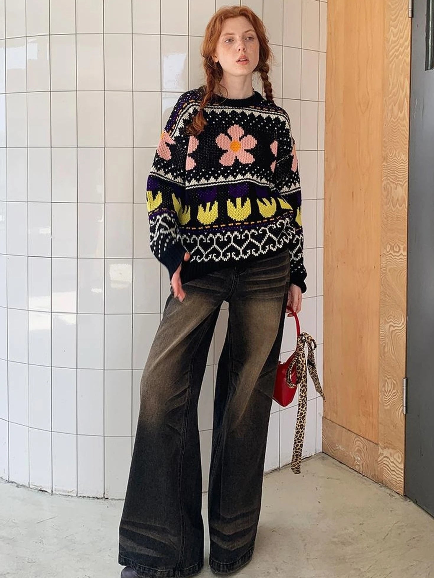 Colorful Floral Jacquard Slim Sweater