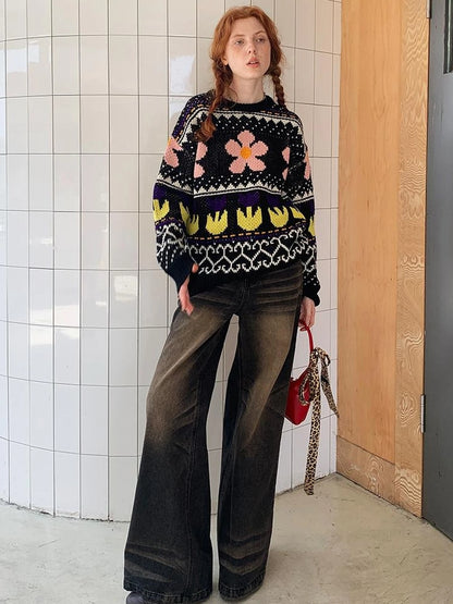 Colorful Floral Jacquard Slim Sweater