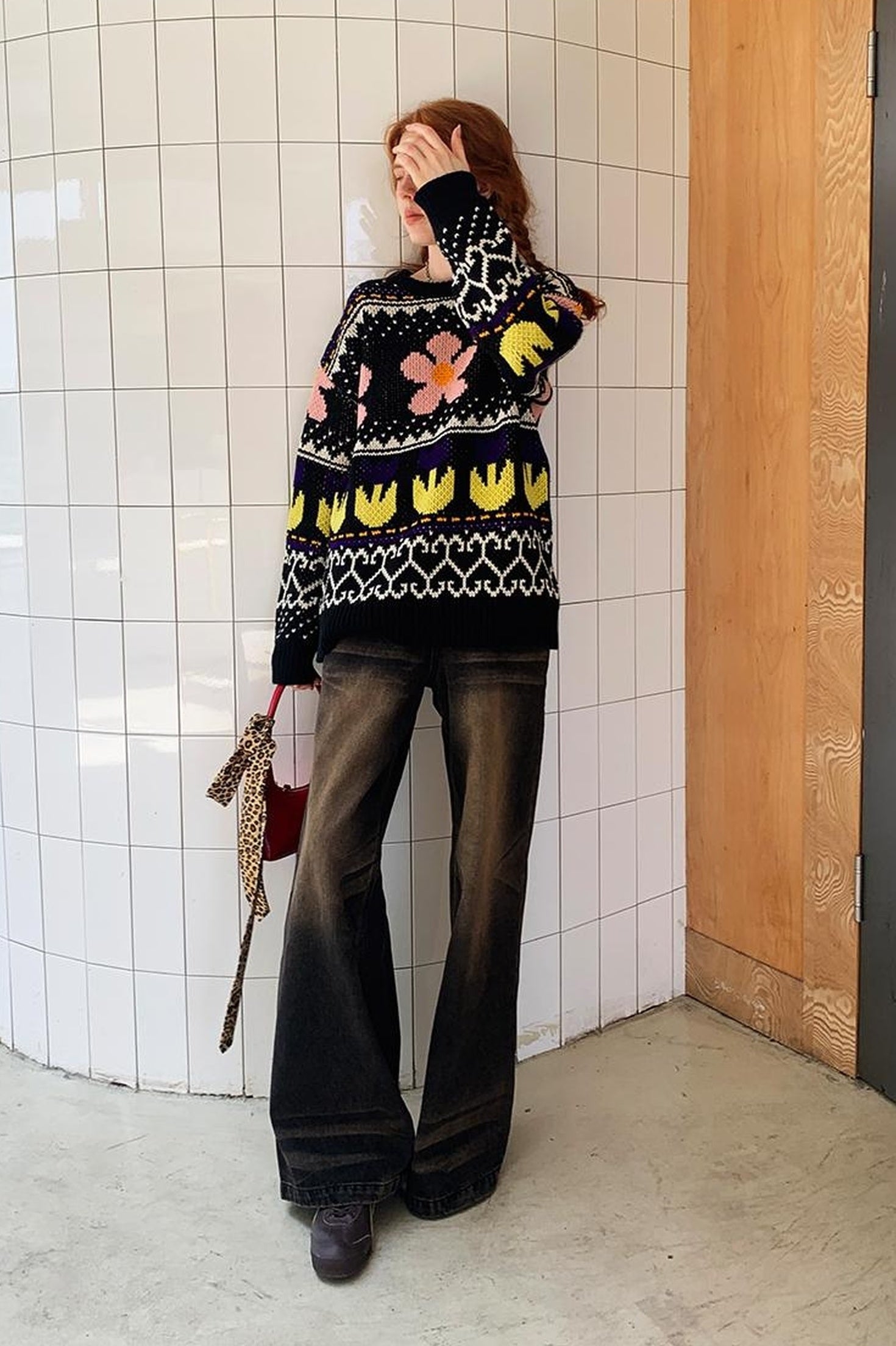 DIDDI MODA Colorful Floral Jacquard Slim Sweater