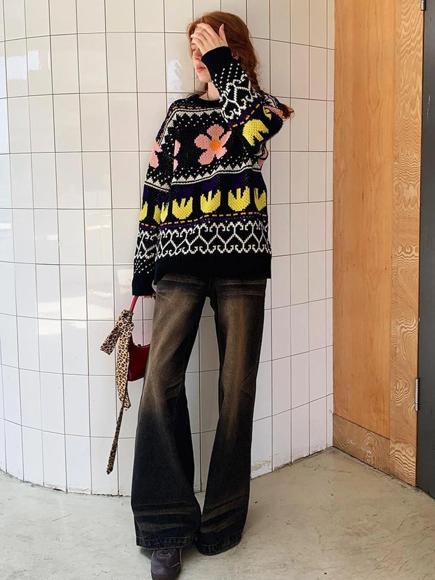 Colorful Floral Jacquard Slim Sweater