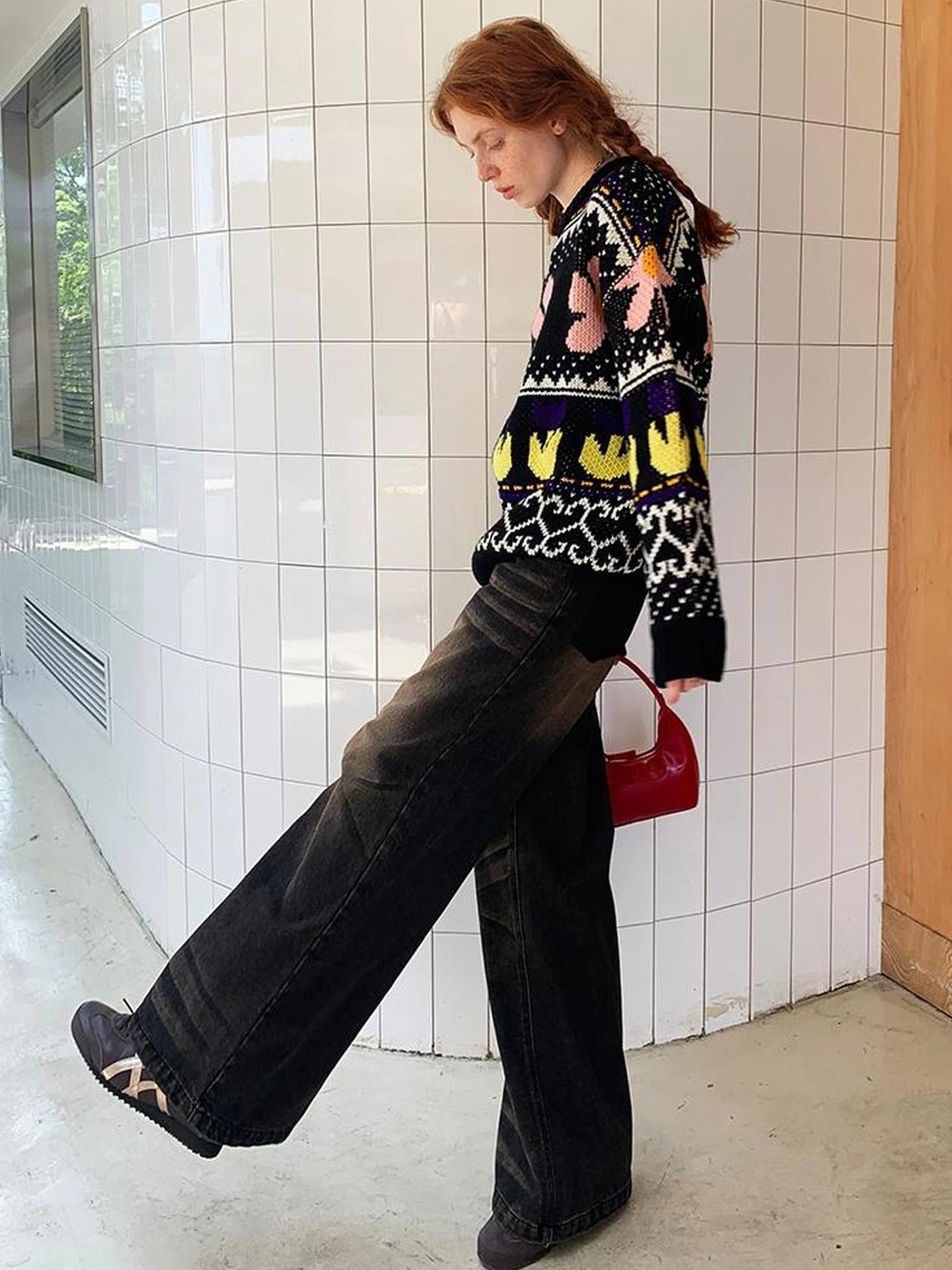 Colorful Floral Jacquard Slim Sweater