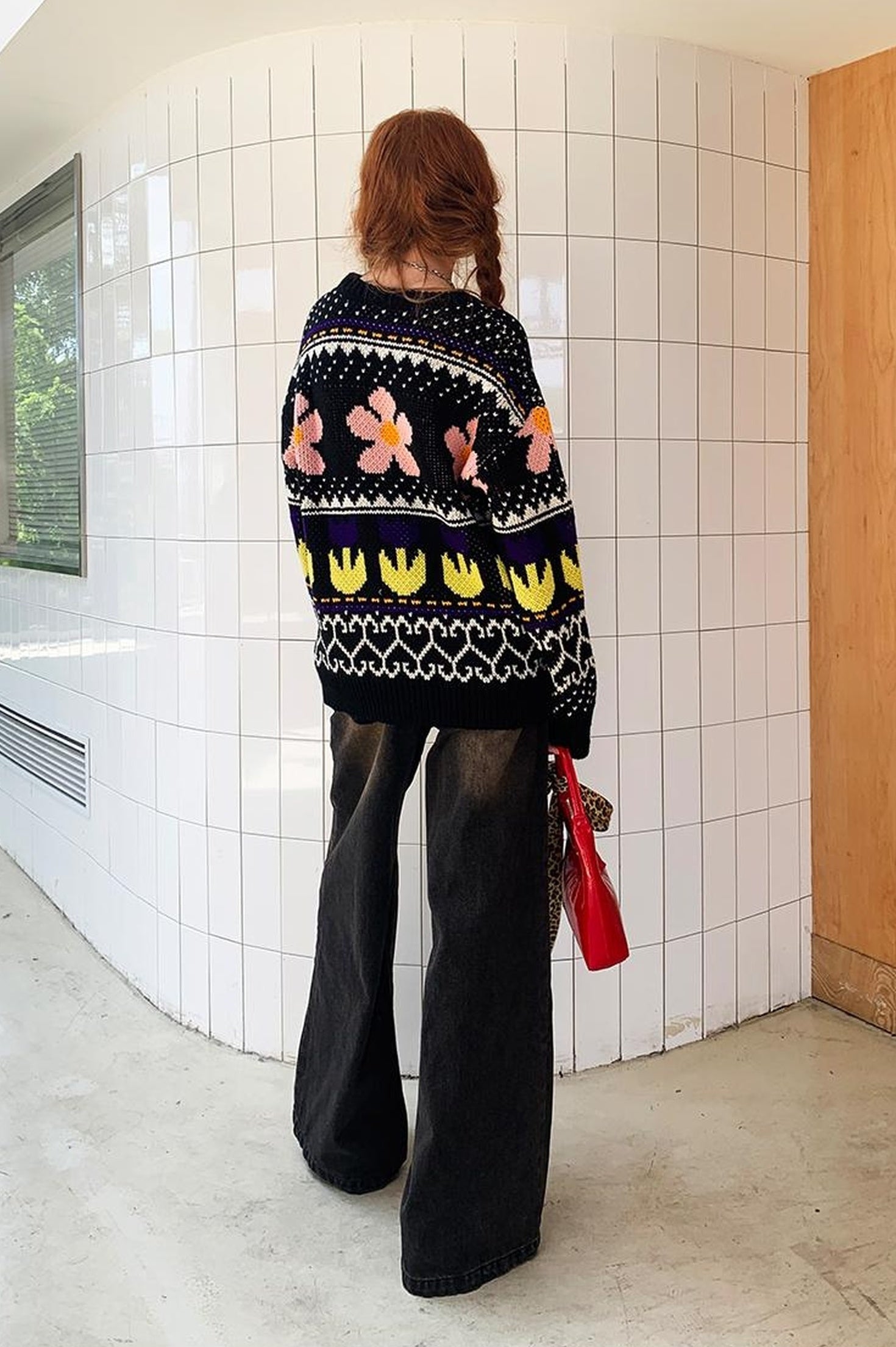 DIDDI MODA Colorful Floral Jacquard Slim Sweater