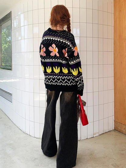 Colorful Floral Jacquard Slim Sweater