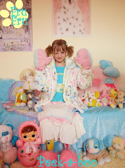 Frufru Gulu Colorful Plush Contrast Gloves For Girls Winter Warm Cute