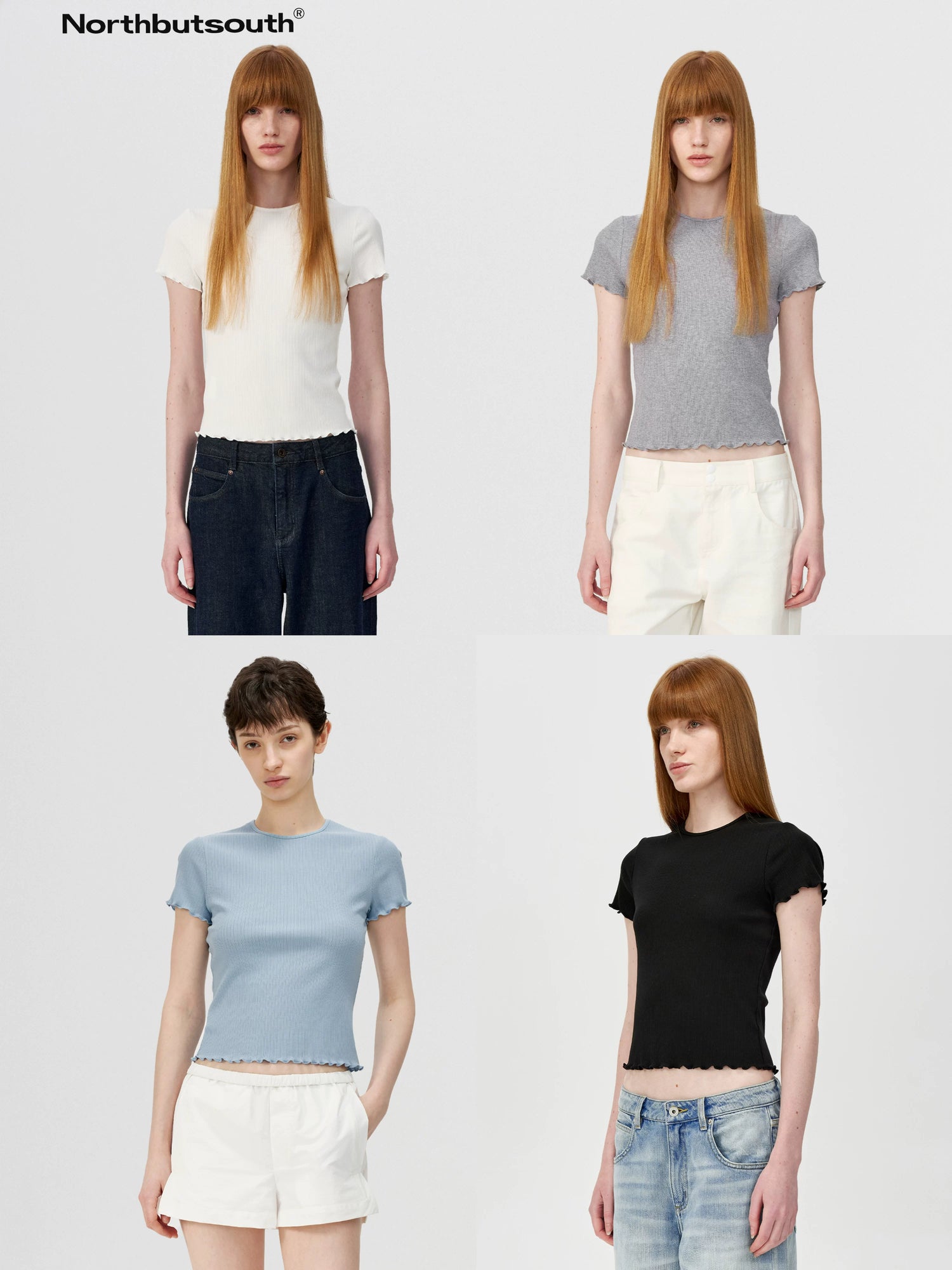 Colorful Ribbed Cotton Knit T-shirt With Ruffle Trim