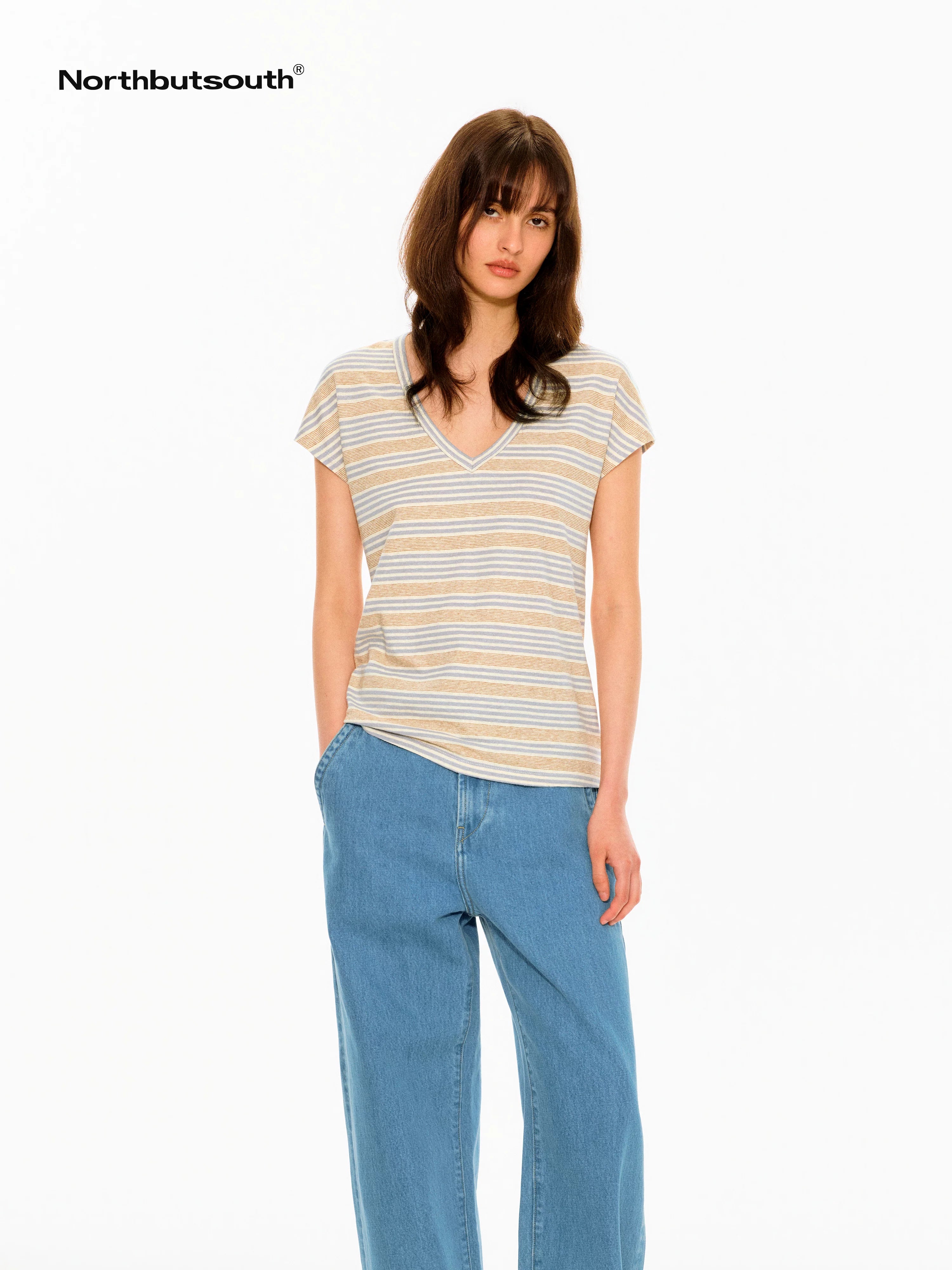 Colorful Striped V-neck Frayed Edge Women&