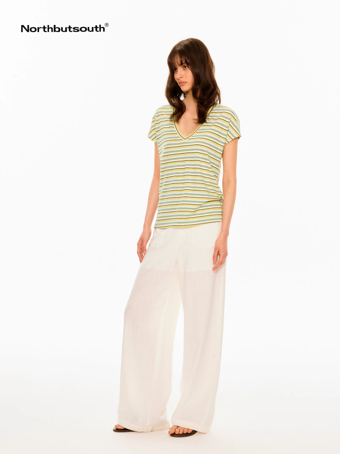 Colorful Striped V-neck Frayed Edge Women&