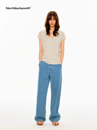 Colorful Striped V-neck Frayed Edge Women&