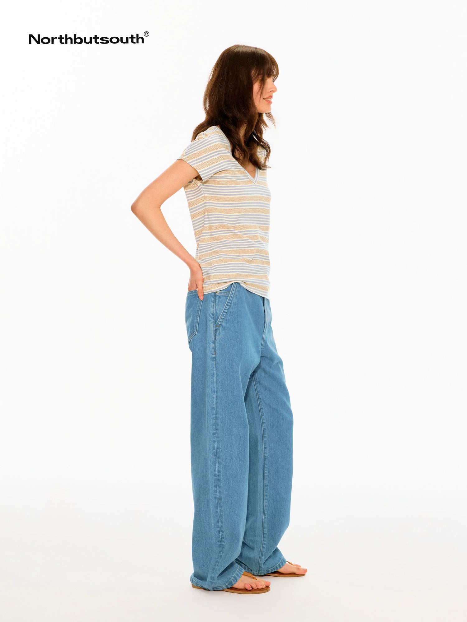 Colorful Striped V-neck Frayed Edge Women&