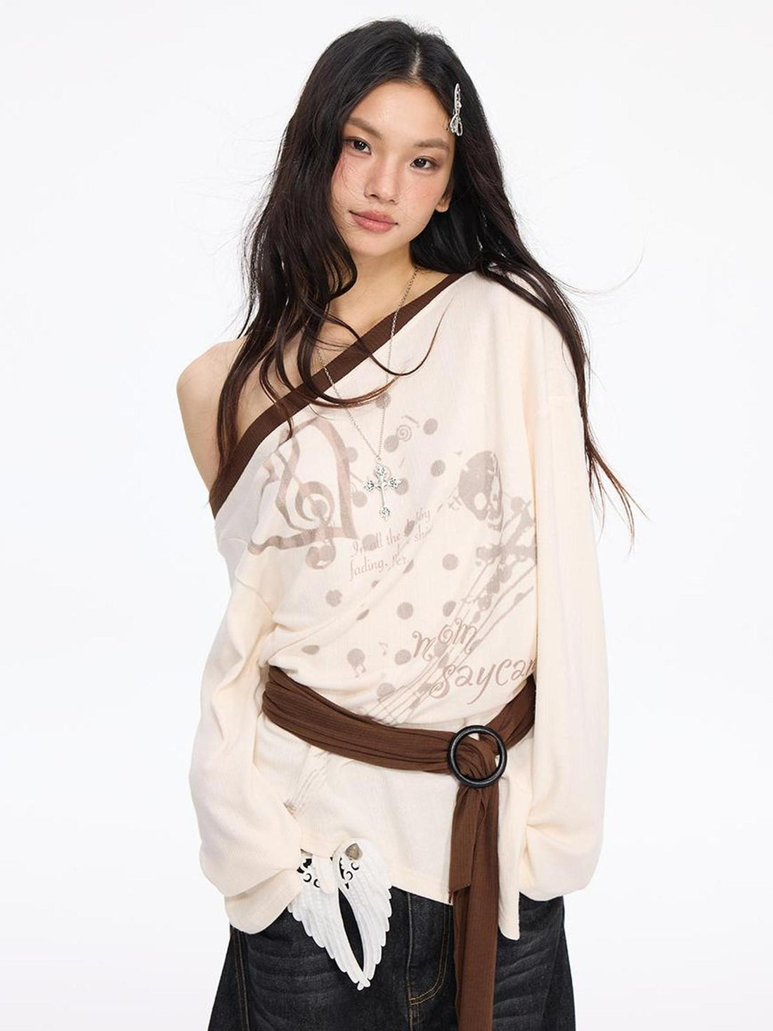 MOMSYCAN FOX LINE Contrast Shoulder Print Tie Front Blouse Vs Wide Neck Relaxed Fall Tee