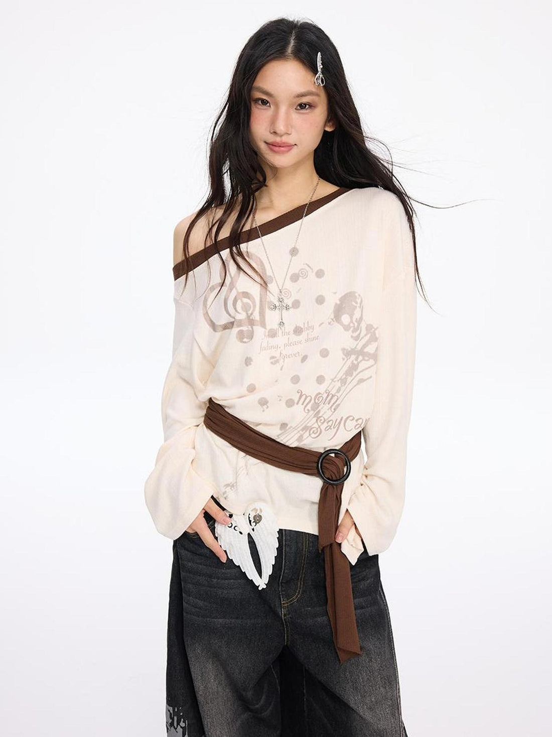 MOMSYCAN FOX LINE Contrast Shoulder Print Tie Front Blouse Vs Wide Neck Relaxed Fall Tee