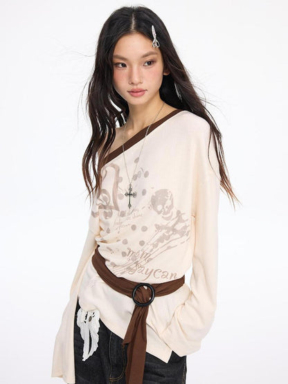 MOMSYCAN FOX LINE Contrast Shoulder Print Tie Front Blouse Vs Wide Neck Relaxed Fall Tee
