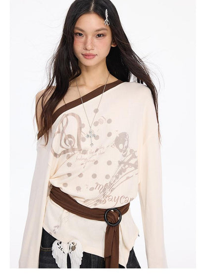 MOMSYCAN FOX LINE Contrast Shoulder Print Tie Front Blouse Vs Wide Neck Relaxed Fall Tee