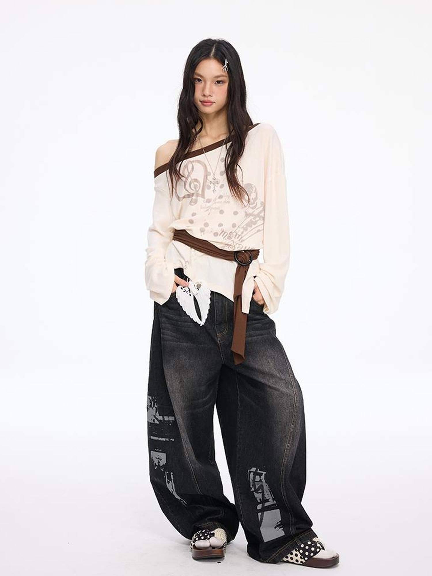 MOMSYCAN FOX LINE Contrast Shoulder Print Tie Front Blouse Vs Wide Neck Relaxed Fall Tee