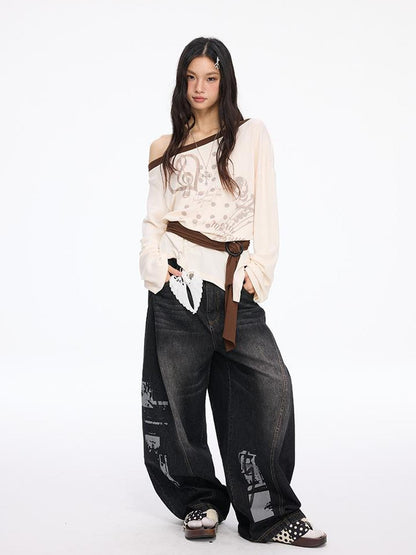 MOMSYCAN FOX LINE Contrast Shoulder Print Tie Front Blouse Vs Wide Neck Relaxed Fall Tee