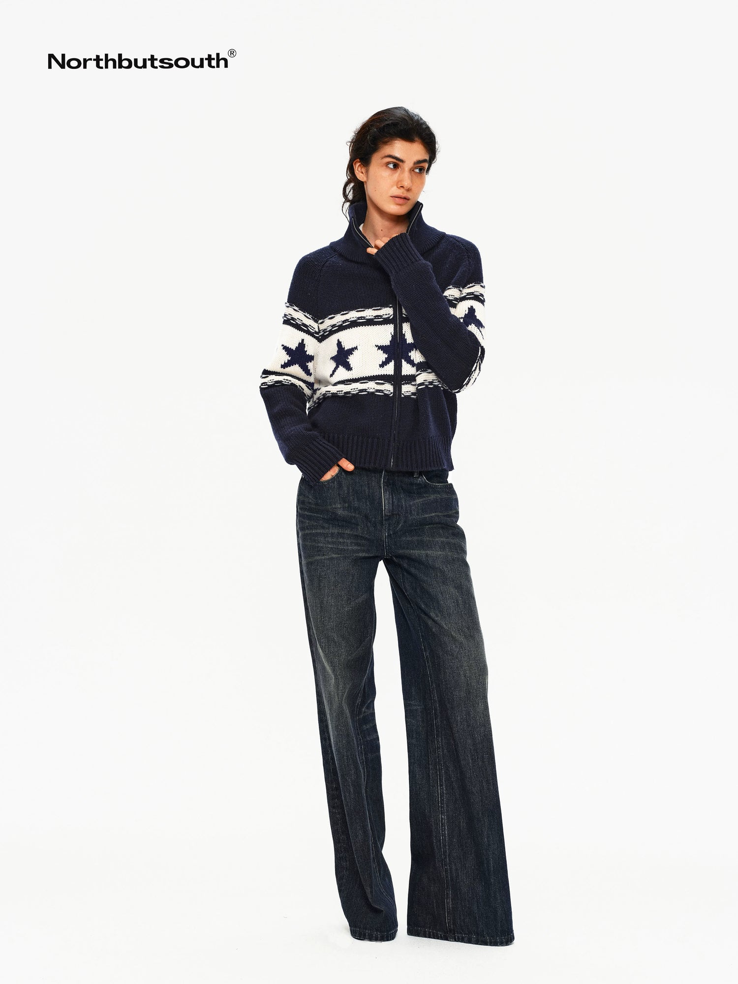 Contrast Star Colorblock High Neck Zipper Women&