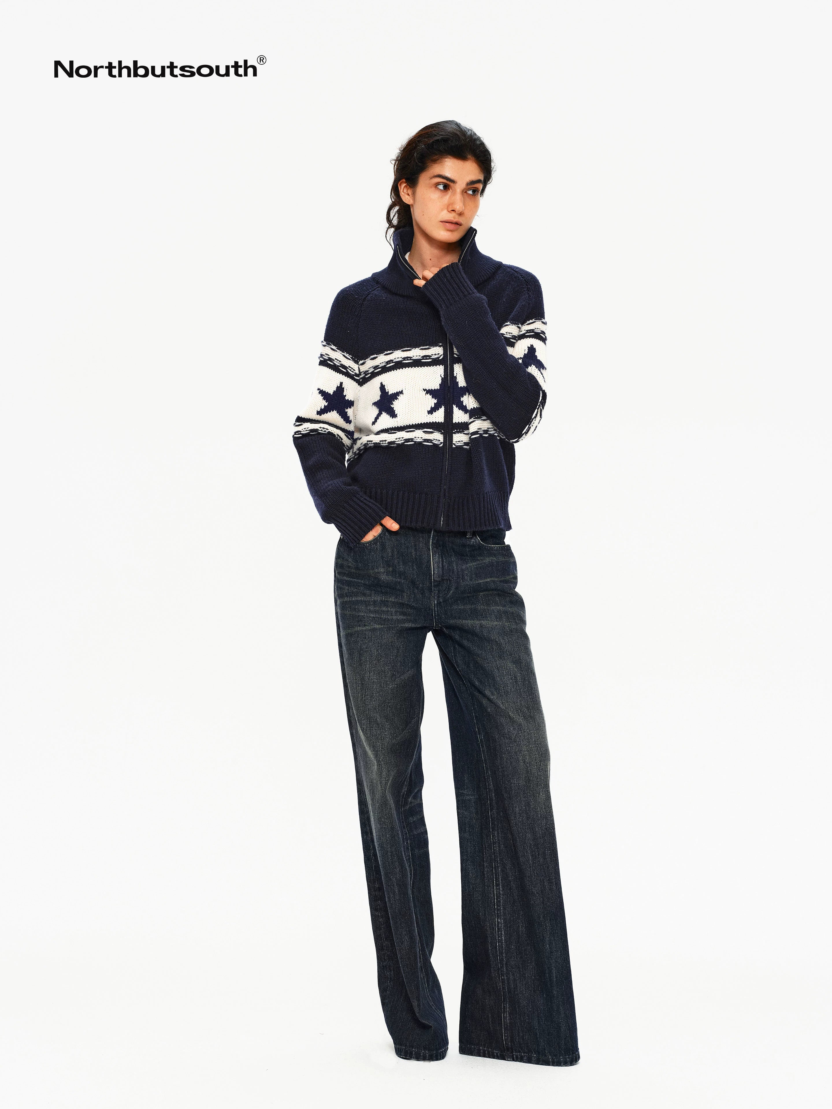 Contrast Star Colorblock High Neck Zipper Women&