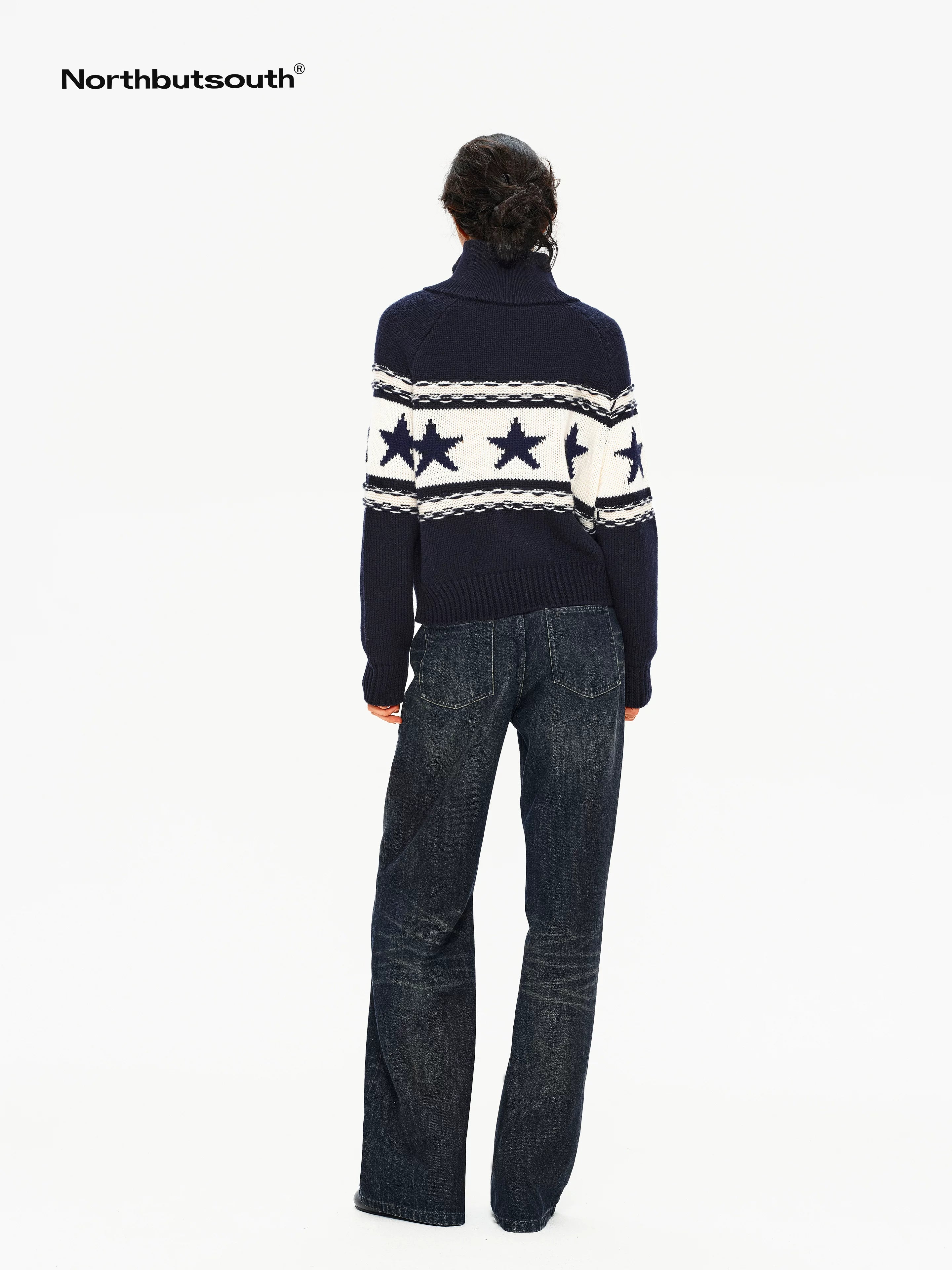 Contrast Star Colorblock High Neck Zipper Women&
