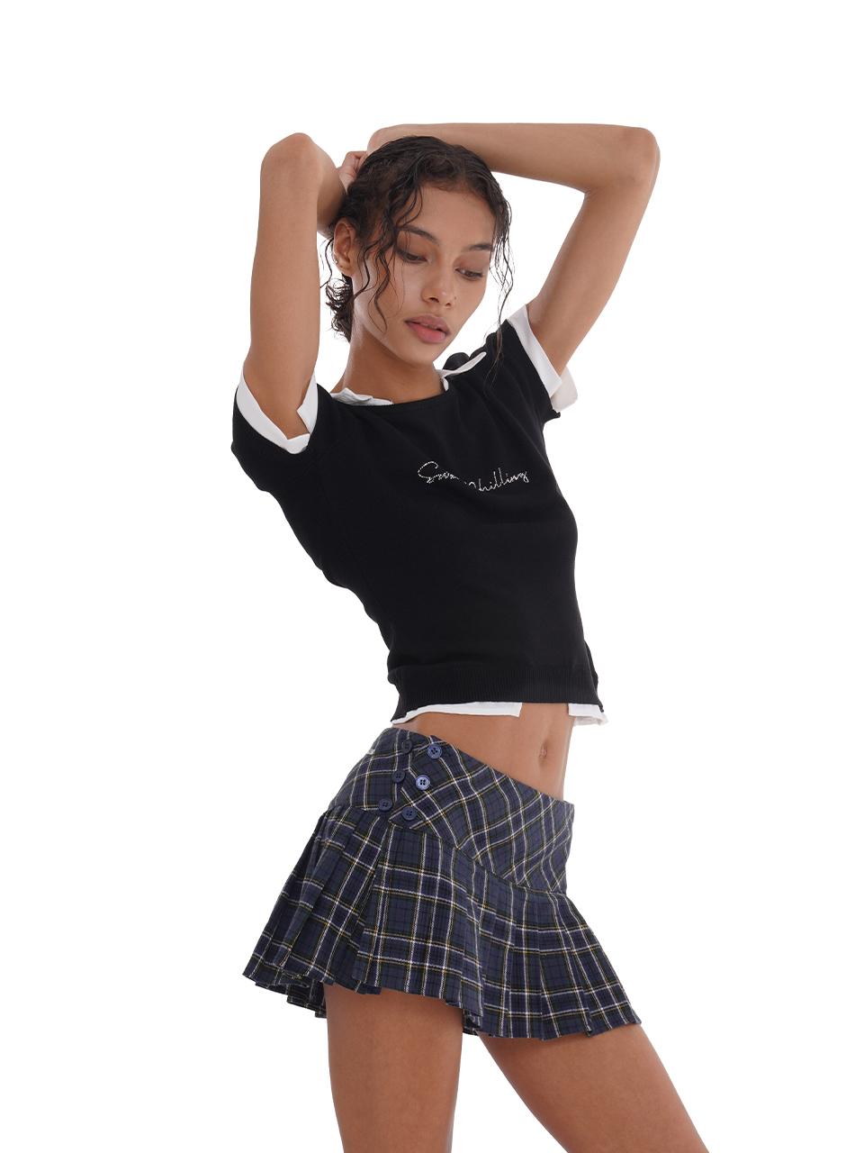 SweetChilling Cool Knit Fake Two-Layer Shirt With Ice Silk &amp; Rhinestone T-Shirt