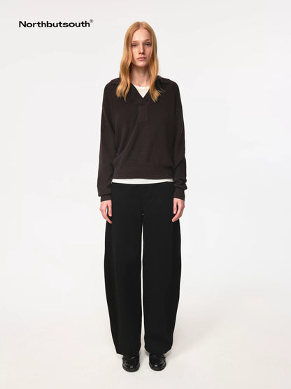 Cotton Curved Hem Relaxed Fit Casual Trousers